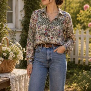 Vintage Tapestry Floral Button Shirt Cottagecore Romantic Blouse Large